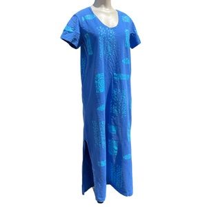 M.MAC Maxi Dress Rare Island Design Short Sleeves Block Print Linen Cotton
